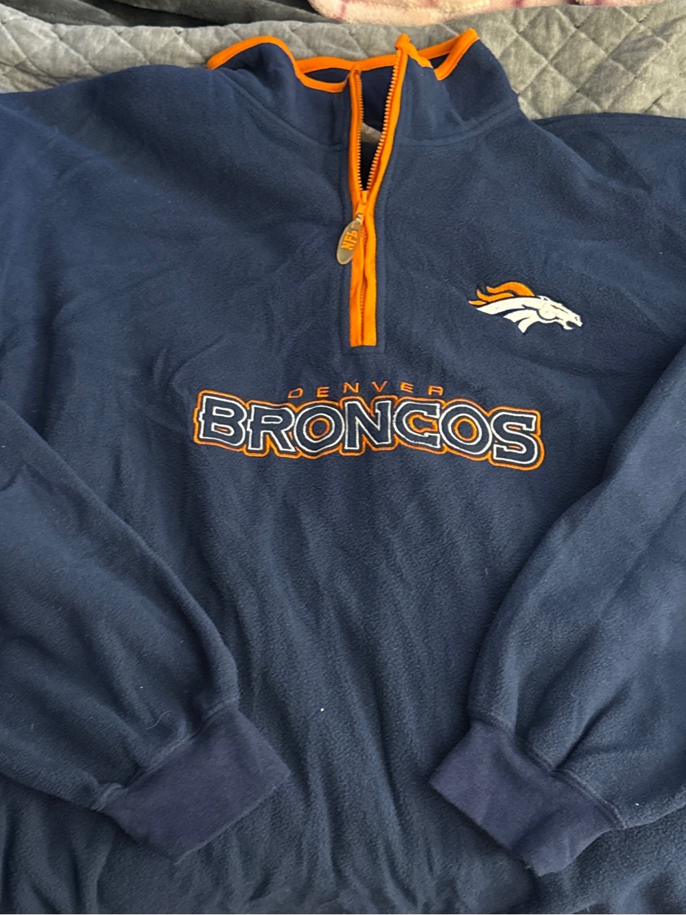 Denver Broncos Navy Zip-Up Pullover with Orange Trim Quarterzip 2XL Unisex